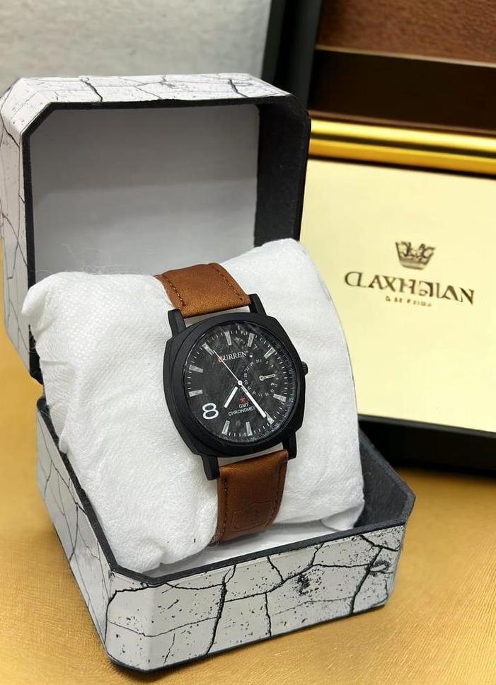 Men's Quartz Analog Watch - Brown & Black Leather Strap -