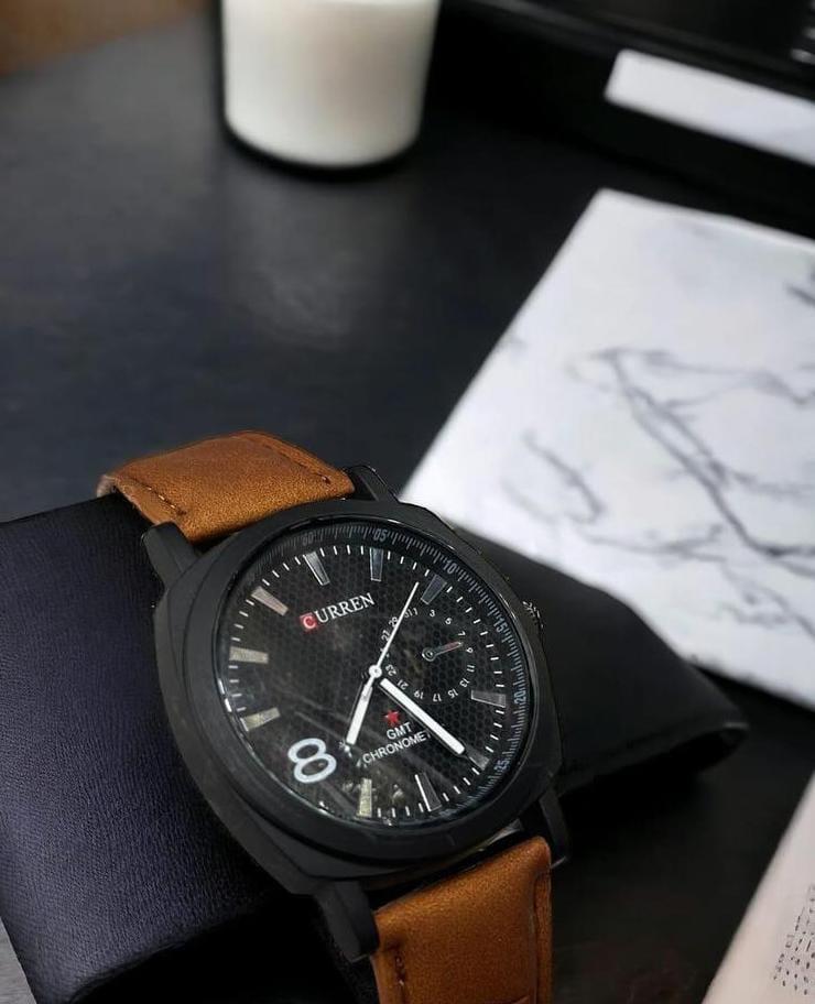 Men's Quartz Analog Watch - Brown & Black Leather Strap -