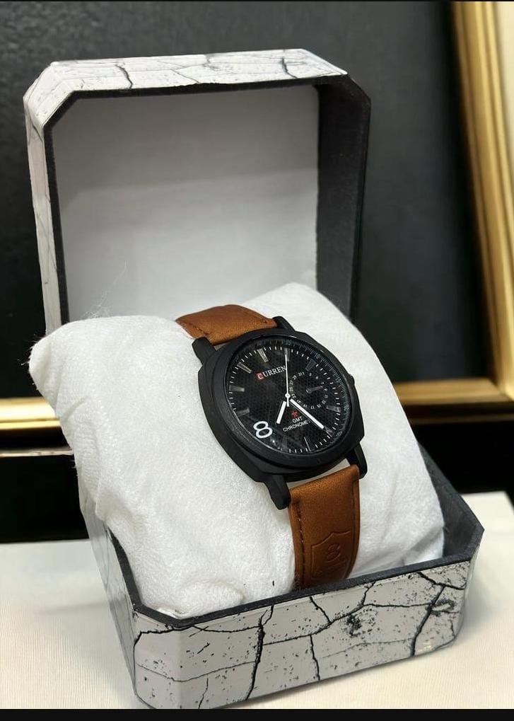 Men's Quartz Analog Watch - Brown & Black Leather Strap -